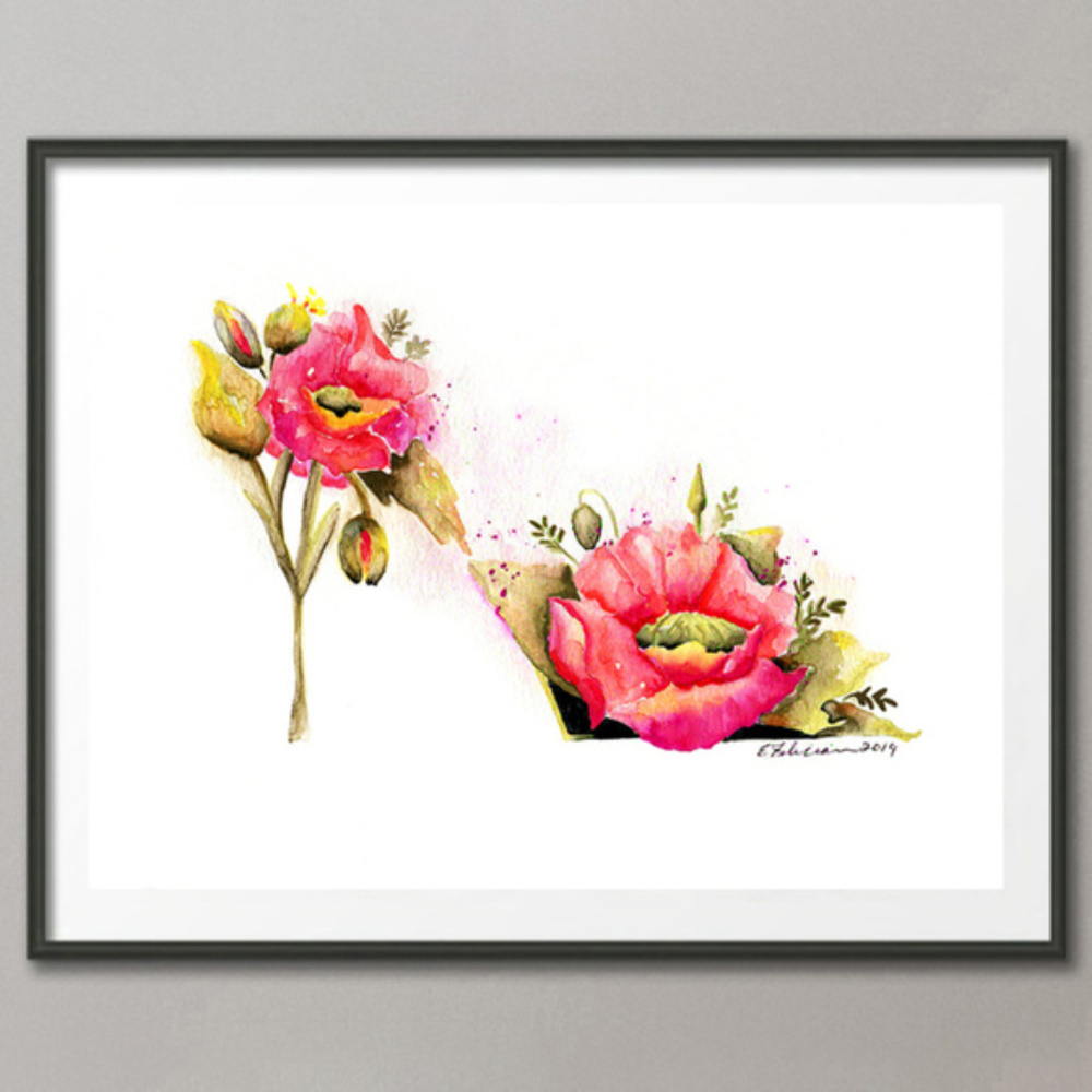 Original Watercolor Painting Poppy Flowers Art